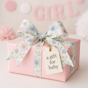 Pastel Dusty Blue & Pink Floral Watercolor   Satin Ribbon