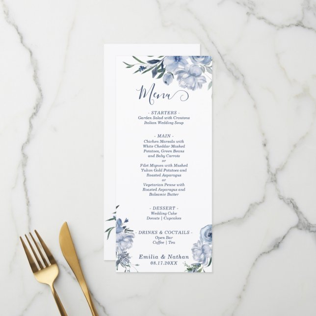 Pastel Dusty Blue Roses Floral Wedding Menu (Front/Back In Situ)