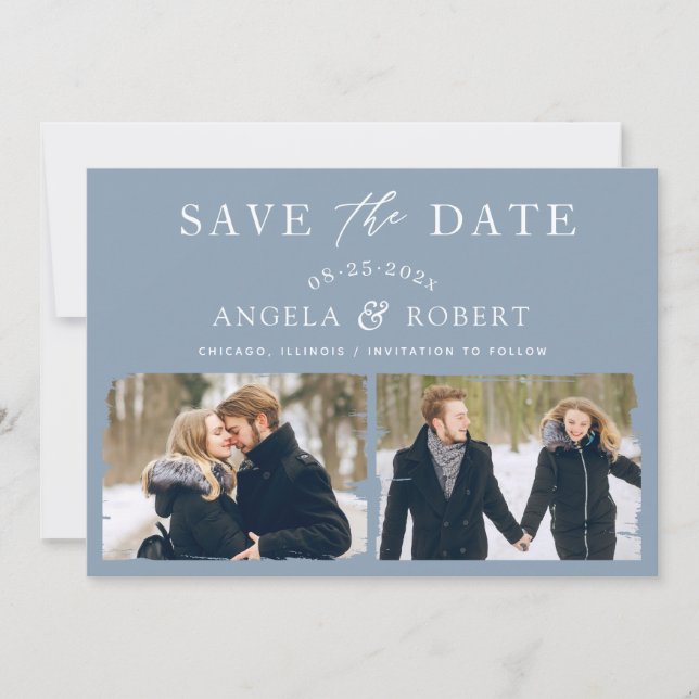 Pastel Dusty Blue Typography Brush Stroke 2 Photo Save The Date (Front)