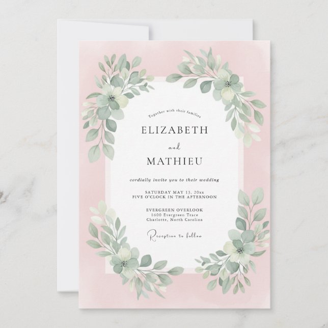 Pastel Dusty Pink Leafy Wedding Invitation (Front)