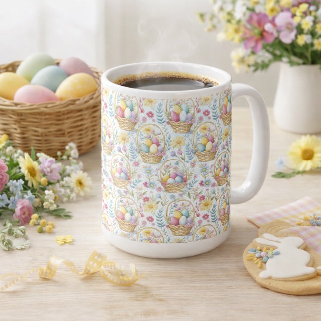 Pastel Easter Basket Pattern with Spring Florals Coffee Mug (Creator Uploaded)