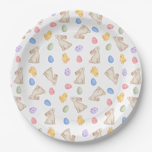 Pastel Easter Bunnies, Egg, and Chiks Paper Plate (Front)