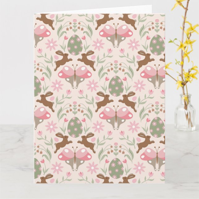Pastel Easter Bunny and Flower Pattern  Card (Yellow Flower)