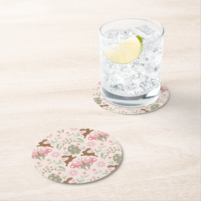 Pastel Easter Bunny and Flower Pattern  Round Paper Coaster (Insitu)