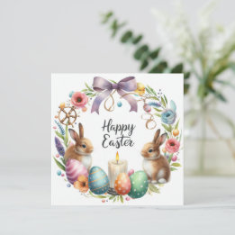 Pastel Easter Bunny Floral Candle Illustration  Holiday Card
