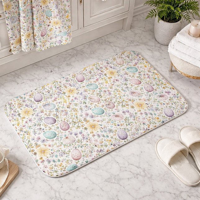 Pastel Easter Egg and Spring Floral Pattern Bath Mat (Creator Uploaded)