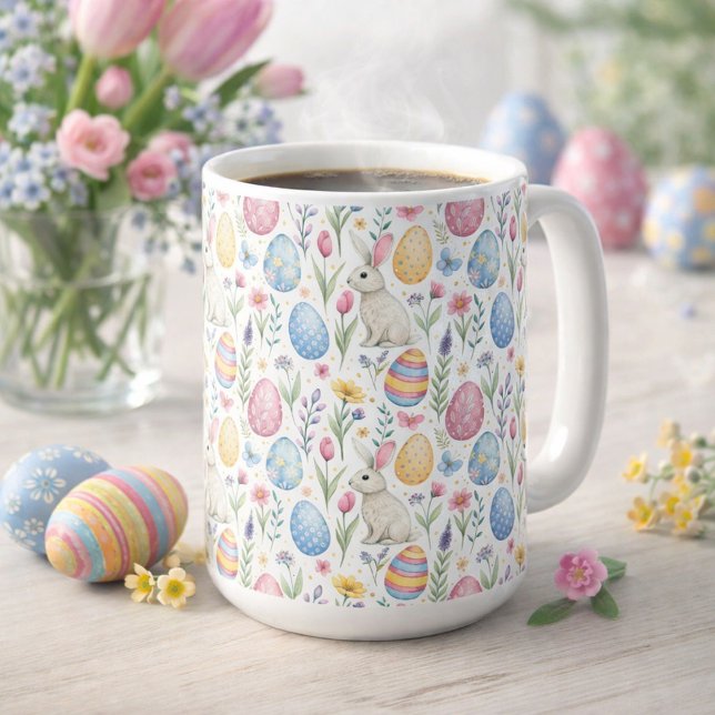 Pastel Easter Egg & Bunny Pattern Illustration Coffee Mug (Creator Uploaded)