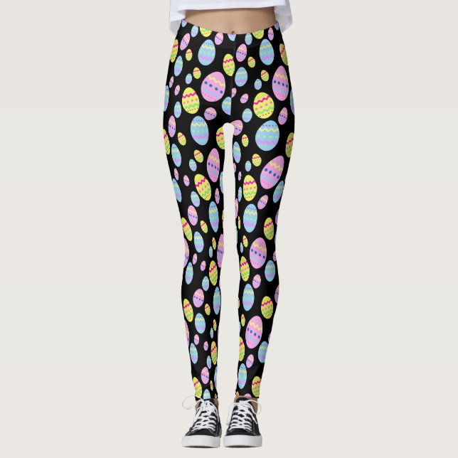 Pastel Easter Egg Pattern on Black Leggings (Front)