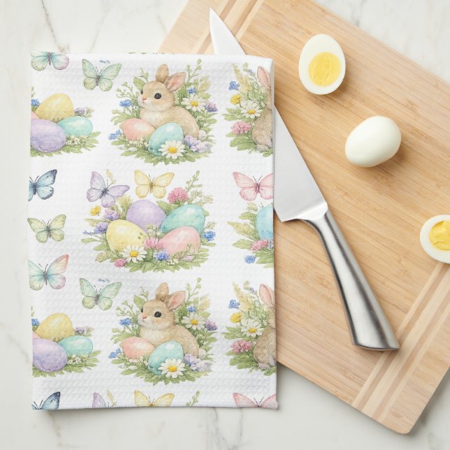 Pastel Easter Eggs & Bunnies Flowers & Butterflies Kitchen Towel (Quarter Fold)