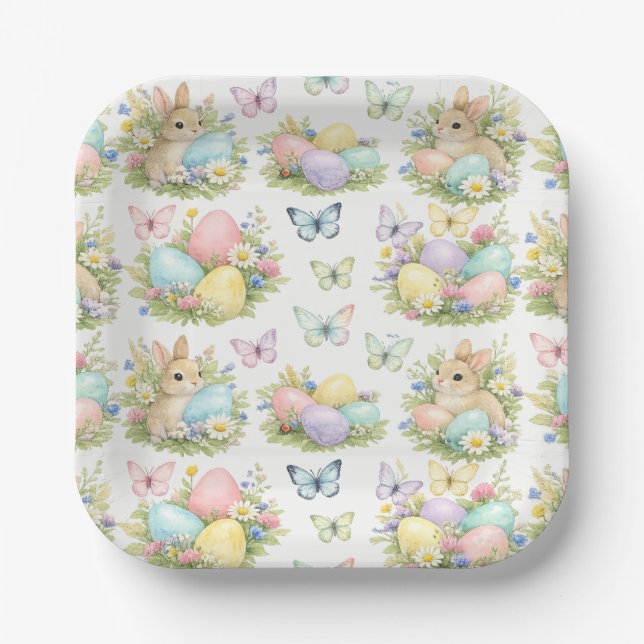 Pastel Easter Eggs & Bunnies Flowers & Butterflies Paper Plate (Front)