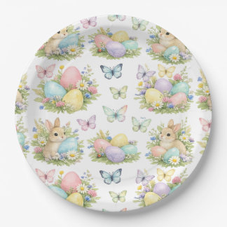 Pastel Easter Eggs & Bunnies Flowers & Butterflies Paper Plate