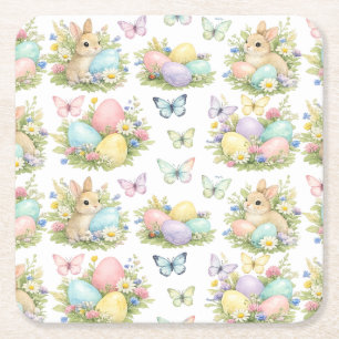 Pastel Easter Eggs & Bunnies Flowers & Butterflies Square Paper Coaster