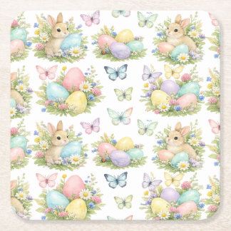 Pastel Easter Eggs & Bunnies Flowers & Butterflies Square Paper Coaster