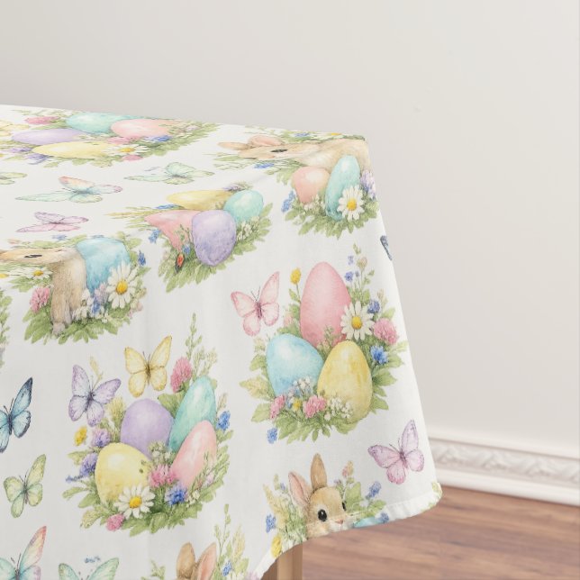 Pastel Easter Eggs & Bunnies Flowers & Butterflies Tablecloth (In Situ)