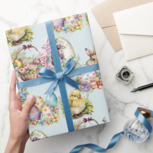 Pastel Easter Eggs, Bunny, Chick Floral Blue Wrapping Paper
