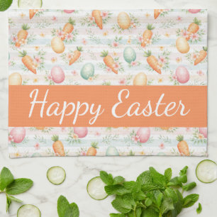 Pastel Easter Eggs & Carrots Watercolor Pattern Kitchen Towel