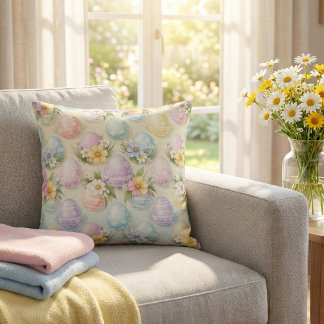 Pastel Easter Eggs & Flowers - Whimsical Spring Throw Pillow
