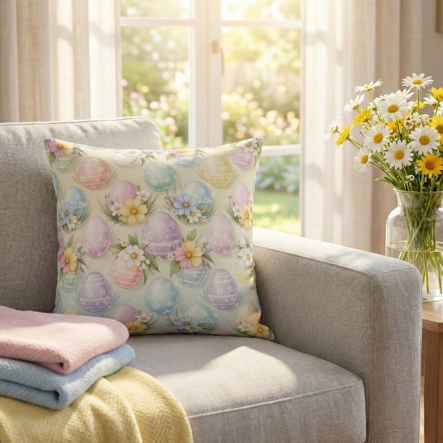 Pastel Easter Eggs & Flowers - Whimsical Spring Throw Pillow (Creator Uploaded)