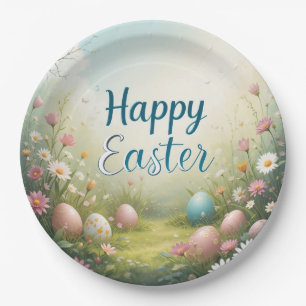 Pastel Easter Eggs in Spring Meadow Happy Easter Paper Plate