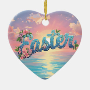 Pastel Easter Text Above the Ocean at Sunrise Ceramic Ornament