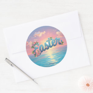 Pastel Easter Text Above the Ocean at Sunrise Classic Round Sticker