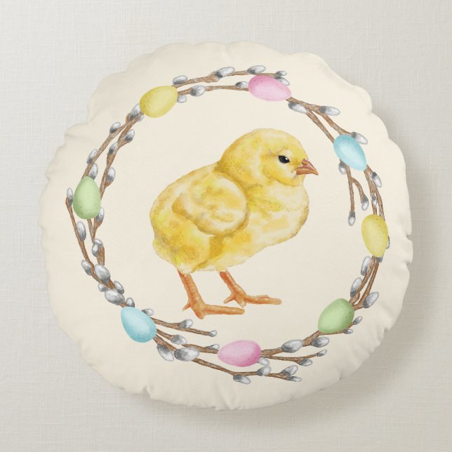 Pastel Easter Willow Wreath With Baby Chick Round Pillow (Front)