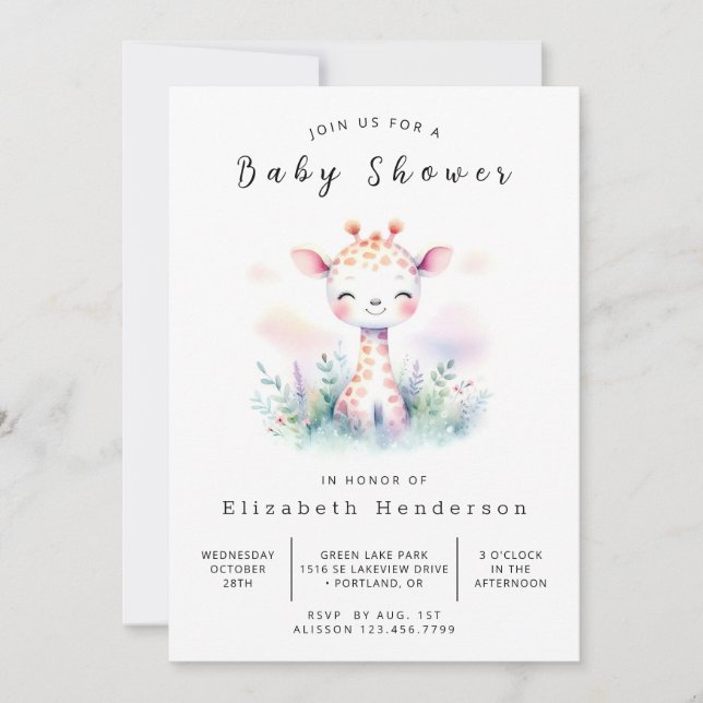 Pastel Editable Giraffe Baby Shower Invitation (Front)