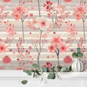 Pastel Elegant Pink Grey Stripe Floral Wallpaper