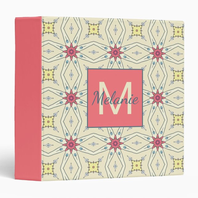 Pastel Elegant Retro Geometric Pattern Monogrammed Binder (Front/Spine)