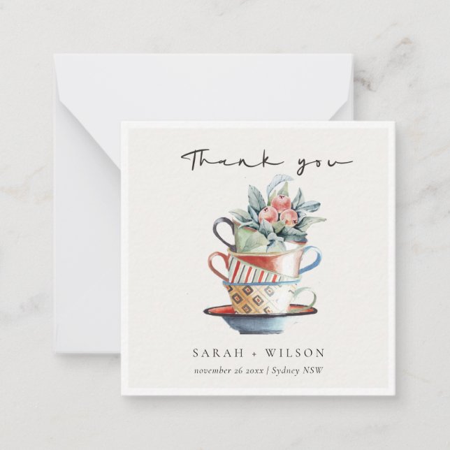 Pastel Elegant Stacked Cups Floral Thank You Card (Front)