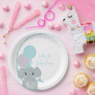 Pastel Elephant Baby Girl Script Baby Shower    Paper Plate