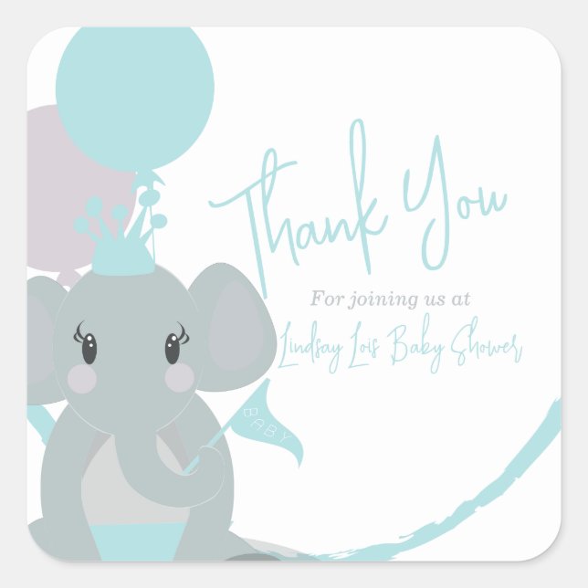 Pastel Elephant Baby Girl Script Baby Shower   Square Sticker (Front)