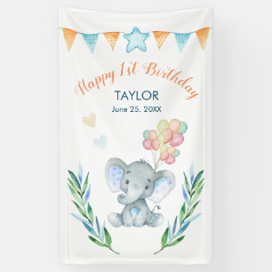 Pastel Elephant Blush Blue Star Happy Birthday Banner