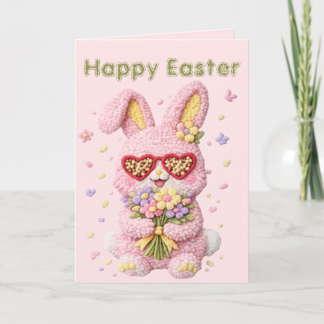 Pastel Embroidered Bunny Easter personalized Card (Front)