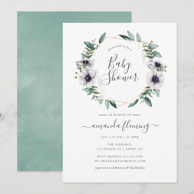 Pastel Eucalyptus Anemone Geometric Baby Shower Invitation (Front/Back)