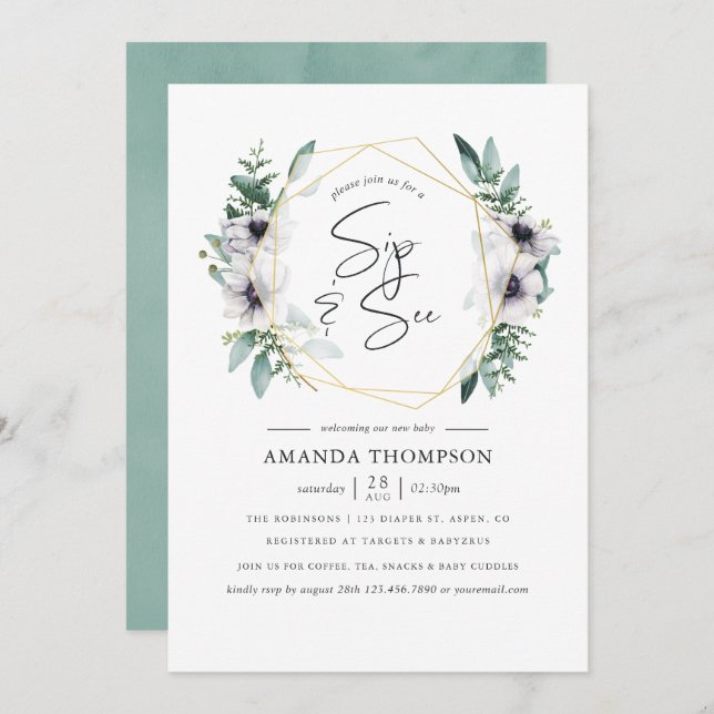 Pastel Eucalyptus Anemone Geometric Sip and See Invitation (Front/Back)
