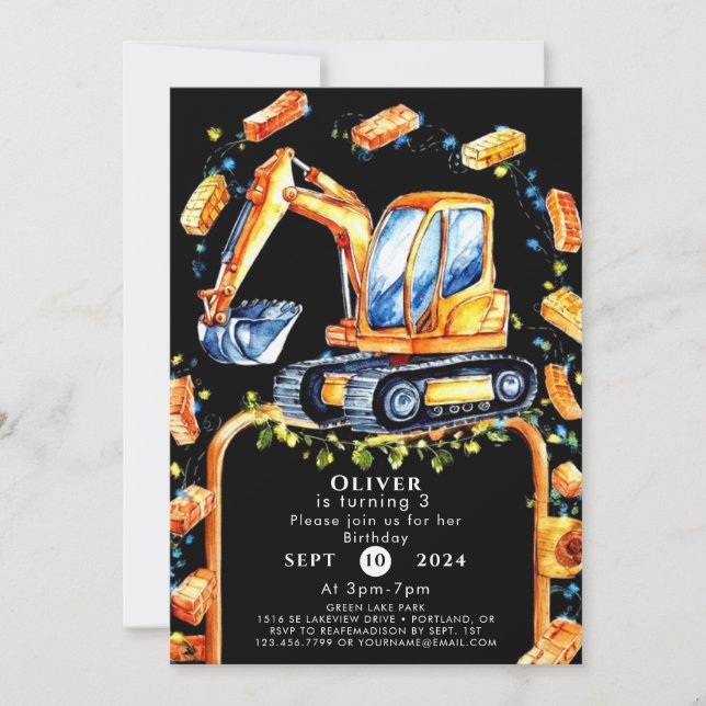 Pastel Excavator Construction Birthday Invitation (Front)