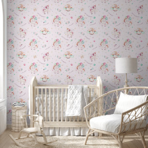 Pastel Fairytale Pink Unicorn Pattern Kids Room Wallpaper