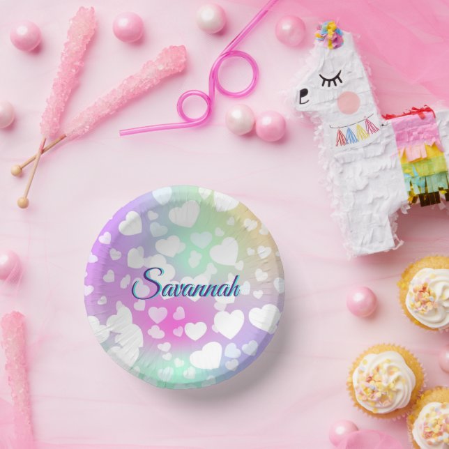 Pastel Falling Hearts Personalized      Paper Plate (Party)