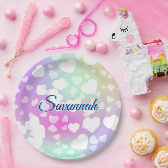 Pastel Falling Hearts Personalized      Paper Plate (Party)