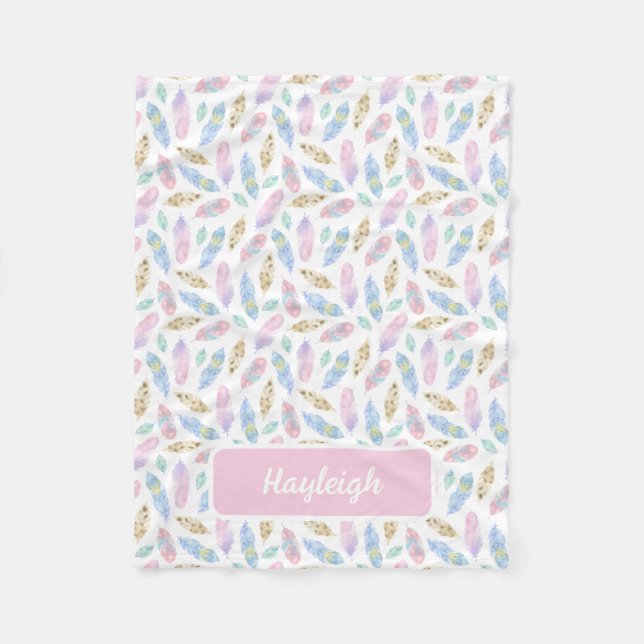 Pastel Feathers Pattern Personalized Fleece Blanket (Front)