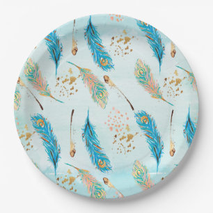 Pastel Feathers Pink Teal Blue Gold Paper Plate