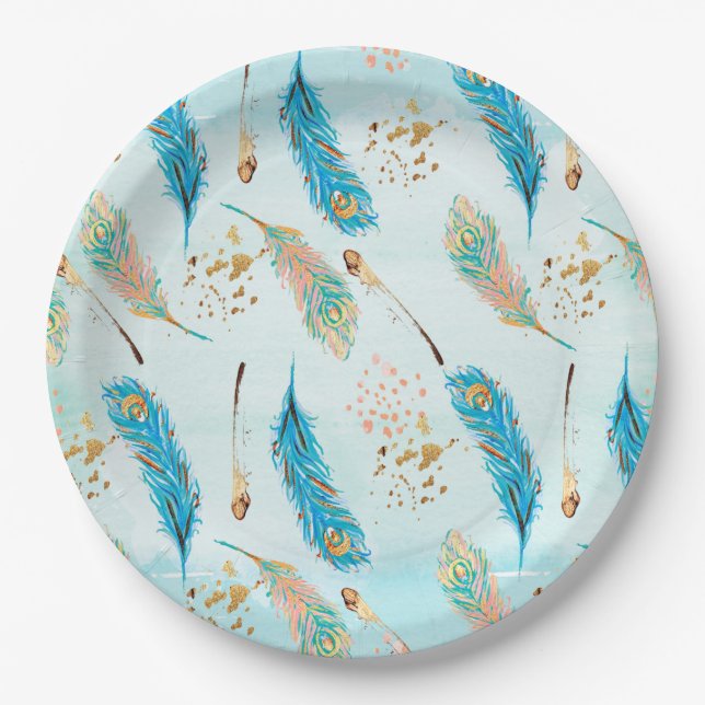Pastel Feathers Pink Teal Blue Gold Paper Plate (Front)