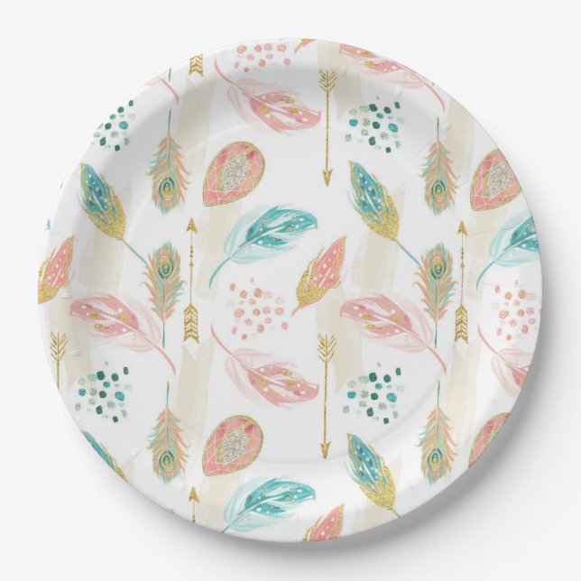 Pastel Feathers Pink Teal Gold Arrows Paper Plate (Front)
