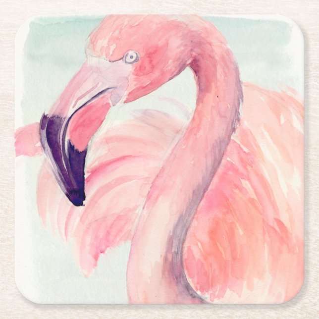 Pastel Flamingo Square Paper Coaster (Front)