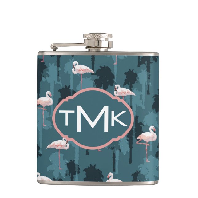 Pastel Flamingos On Teal | Monogram Hip Flask (Front)