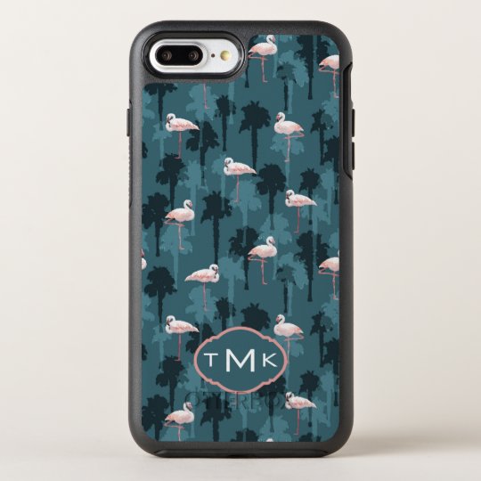 Pastel Flamingos On Teal | Monogram OtterBox Symmetry iPhone 8 Plus/7 Plus Case