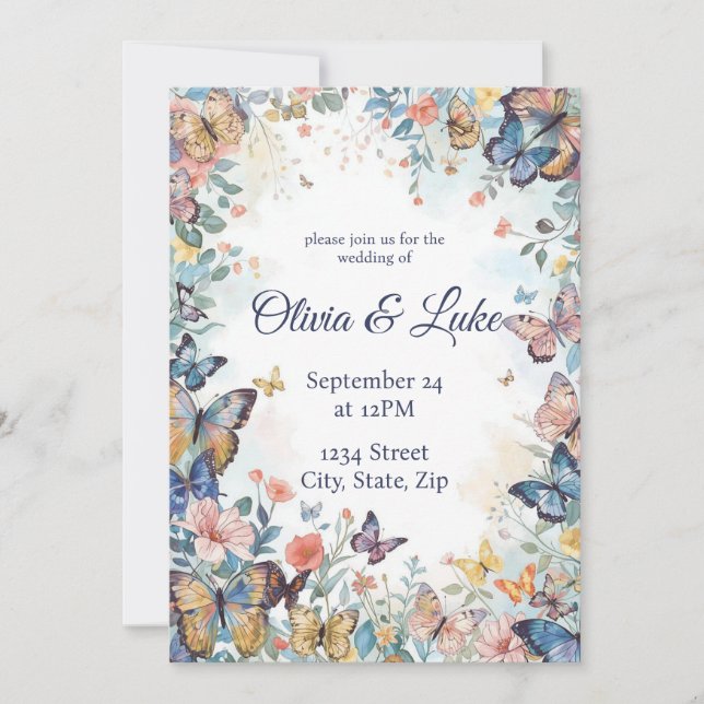 Pastel Fleur sauvage & Butterfly Faire-part de mar (Devant)