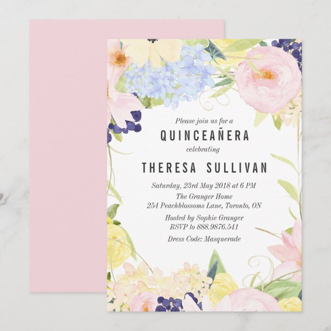 Pastel Fleurs de Printemps Quinceañera Invitation (Devant / Derrière)
