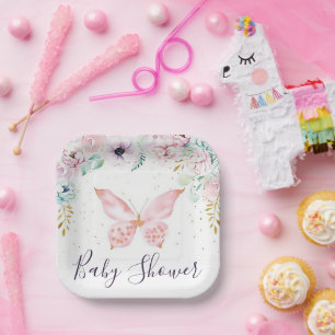 Pastel floral and butterfly baby shower  paper pla plate